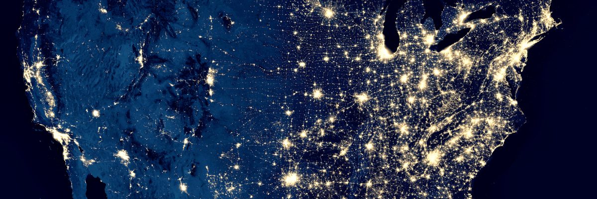 Earth at night, view of city lights in United States from space. USA on world map on global satellite photo. US terrain on dark planet. Elements of this image furnished by NASA.